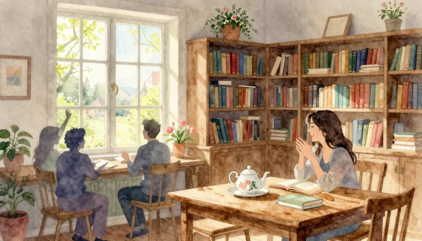 Watercolor style. A cozy village library interior with books...