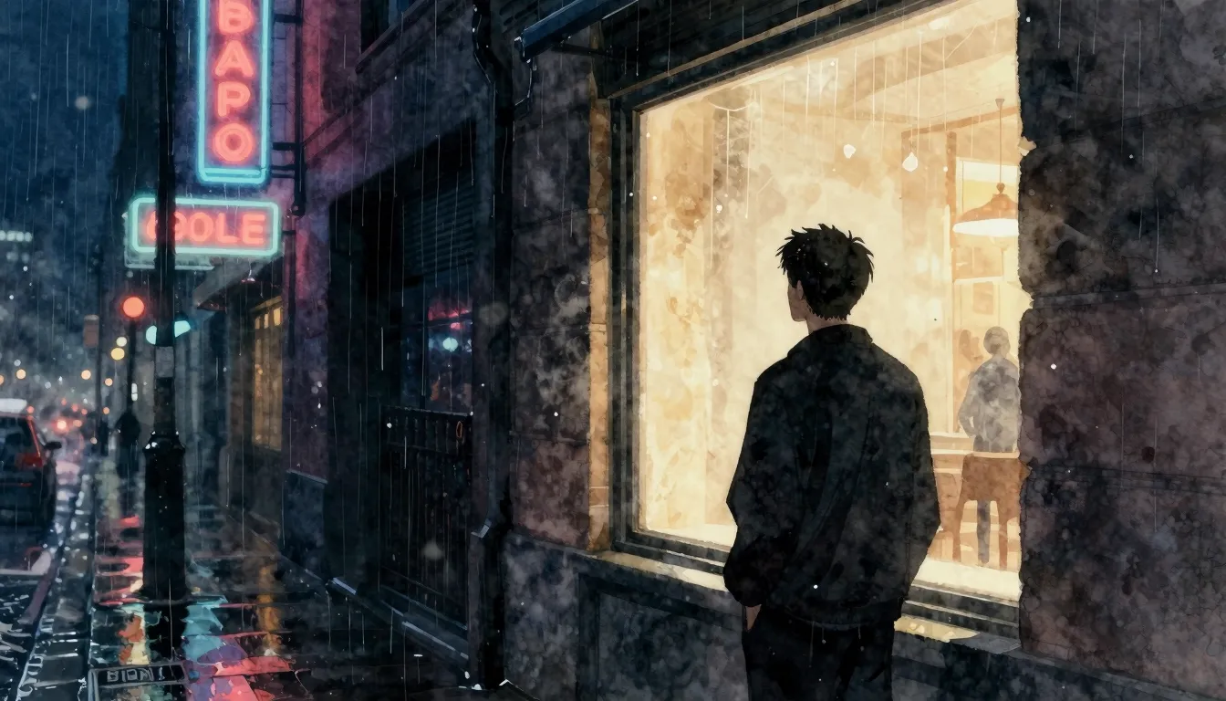 Watercolor style. Silhouette of a man looking at a glowing b...