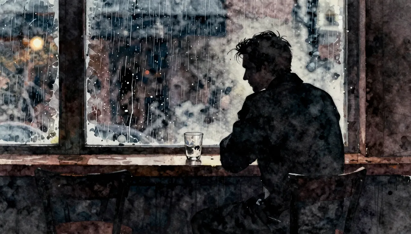 Watercolor style. A silhouette of a man sitting alone at a t...