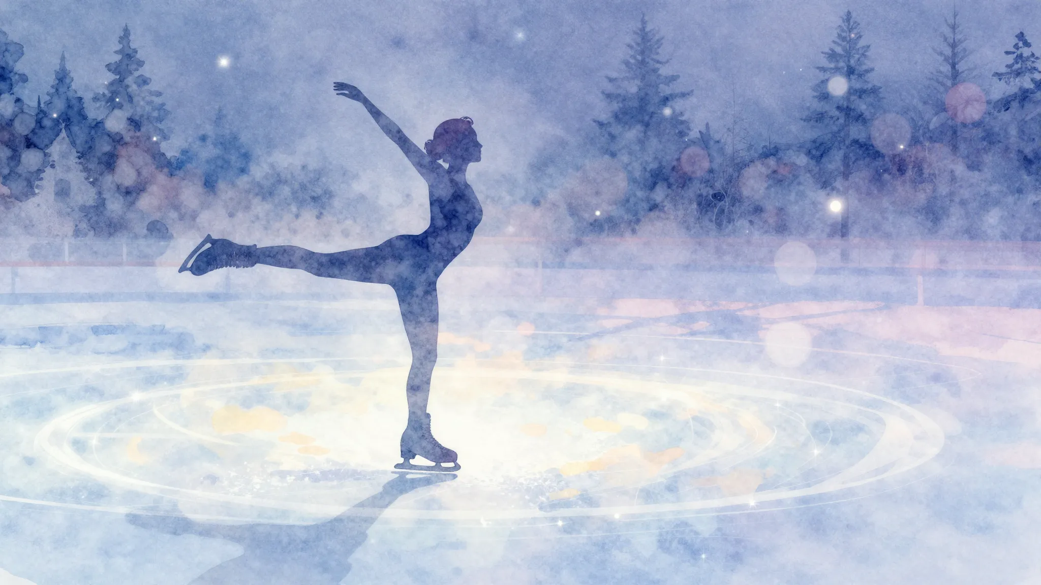 Watercolor style. A stylized silhouette of an ice skater per...