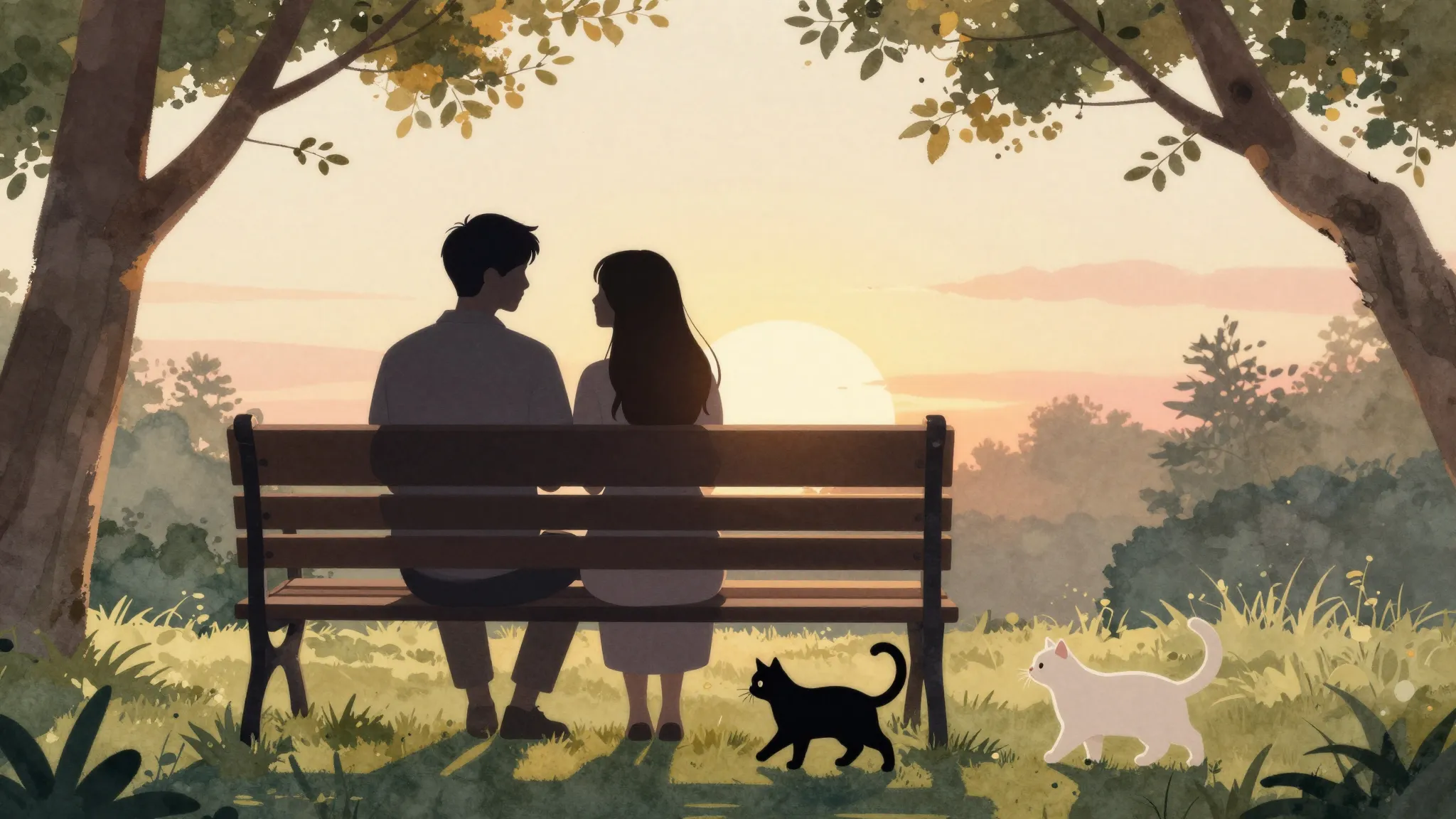 Watercolor style. Silhouette of a couple sitting on a bench ...