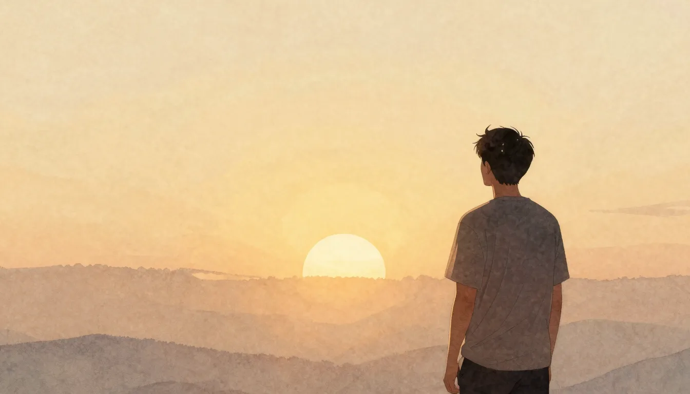 Watercolor style. Silhouette of a man looking at a peaceful ...