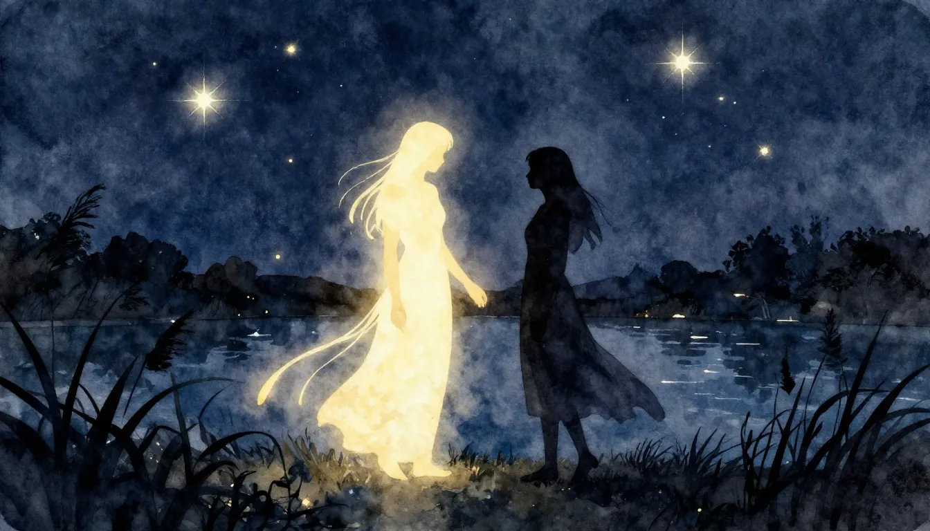 Watercolor style. Silhouette of a glowing figure and a dark ...