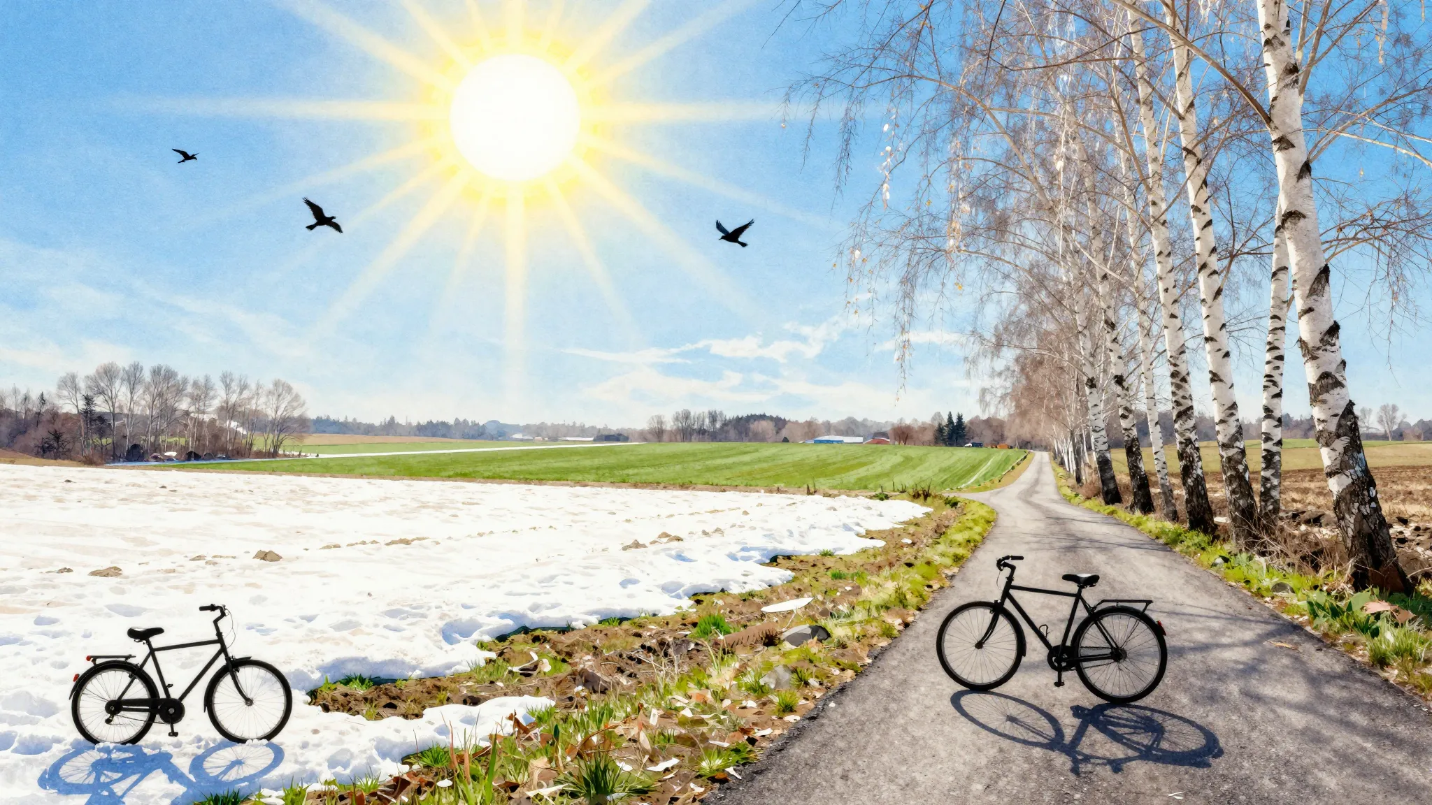Watercolor style. A bright spring landscape, melting snow in...