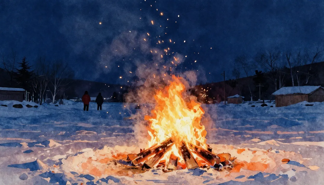 Watercolor style. A bright bonfire in a snowy field at night...