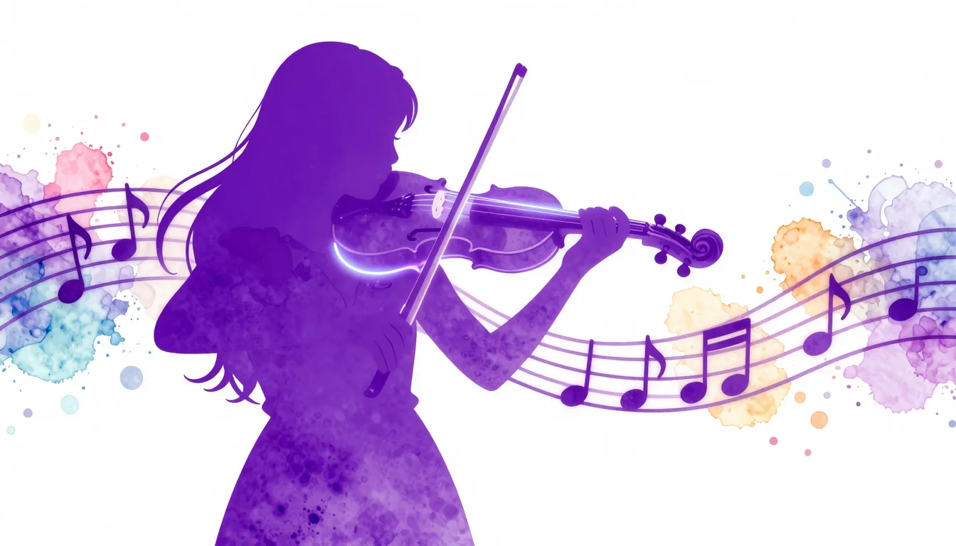 Watercolor style. A bright violet silhouette of a girl playi...