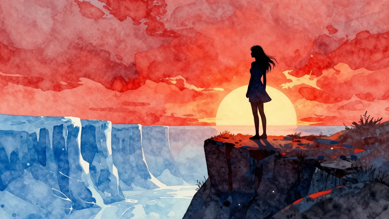 Watercolor style. Silhouette of a woman standing on a cliff ...