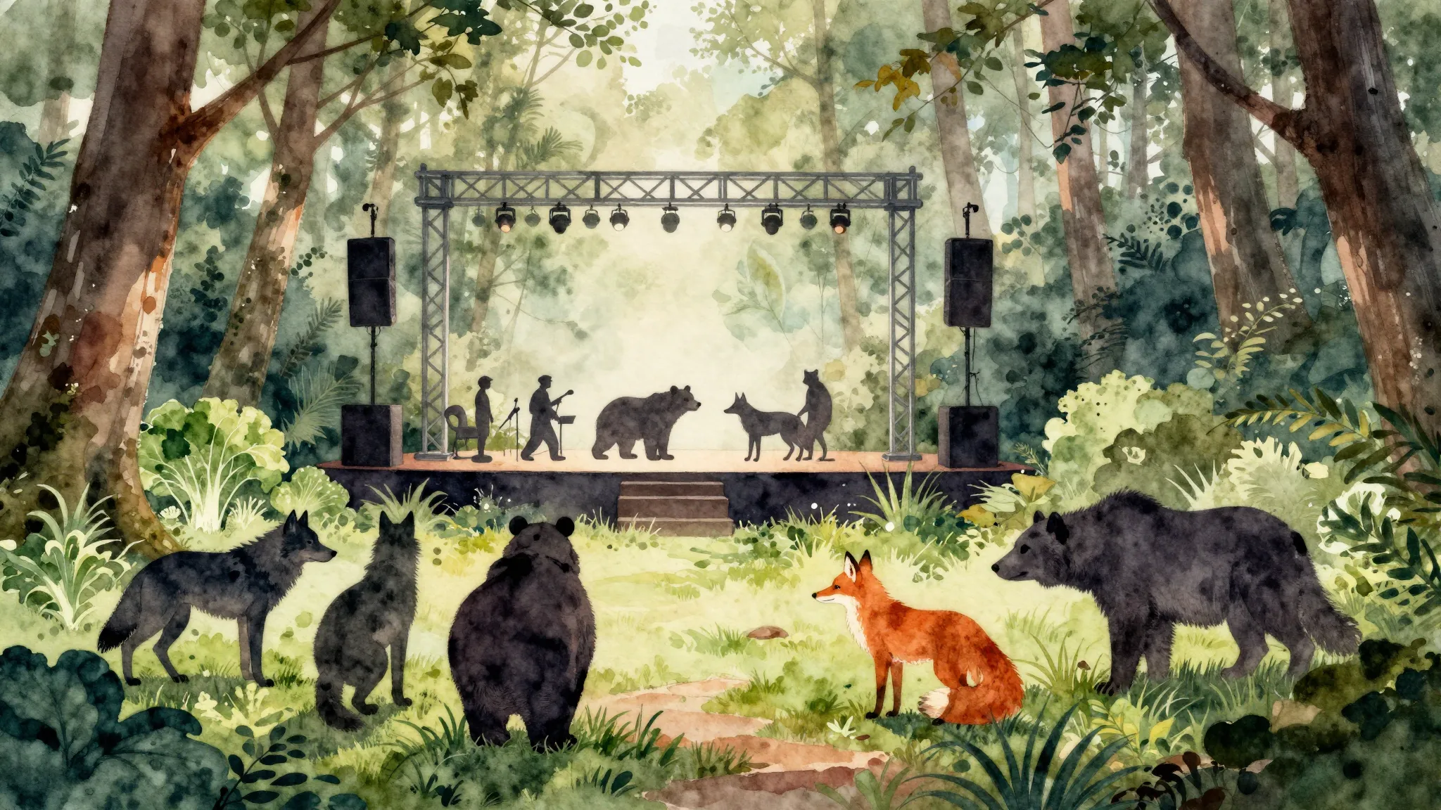Watercolor style. Forest clearing, silhouettes of animals ga...