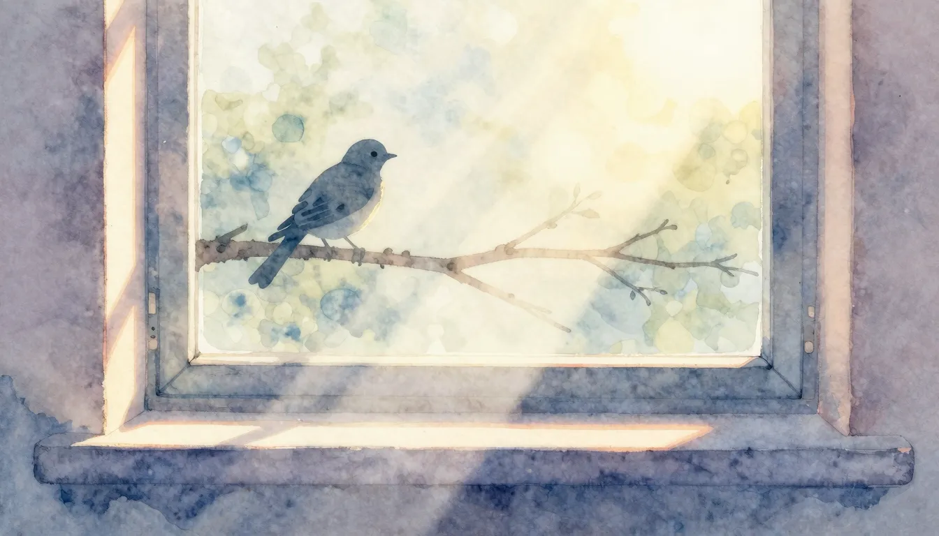 Watercolor style. A gentle sunbeam touches a window sill in ...