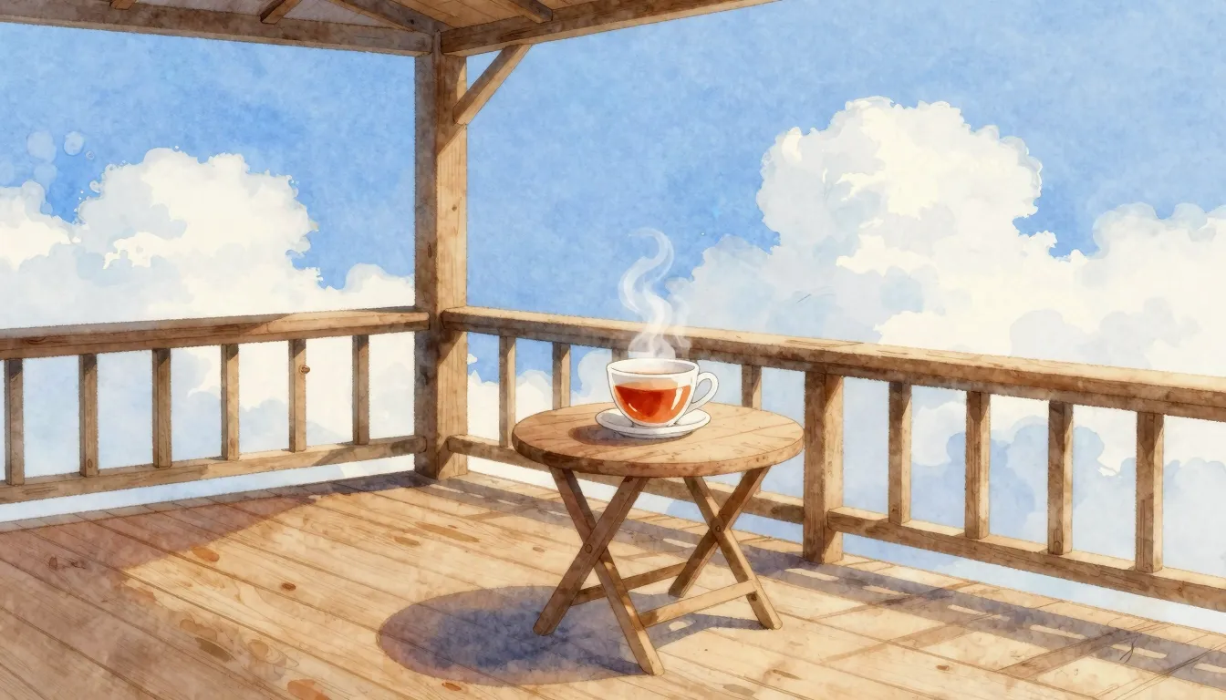 Watercolor style. A cozy wooden veranda with a steaming cup ...