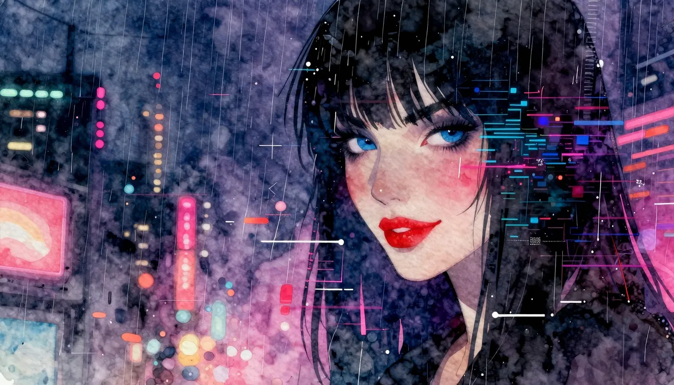 Vibrant watercolor style. Cyberpunk album cover, neon city l...
