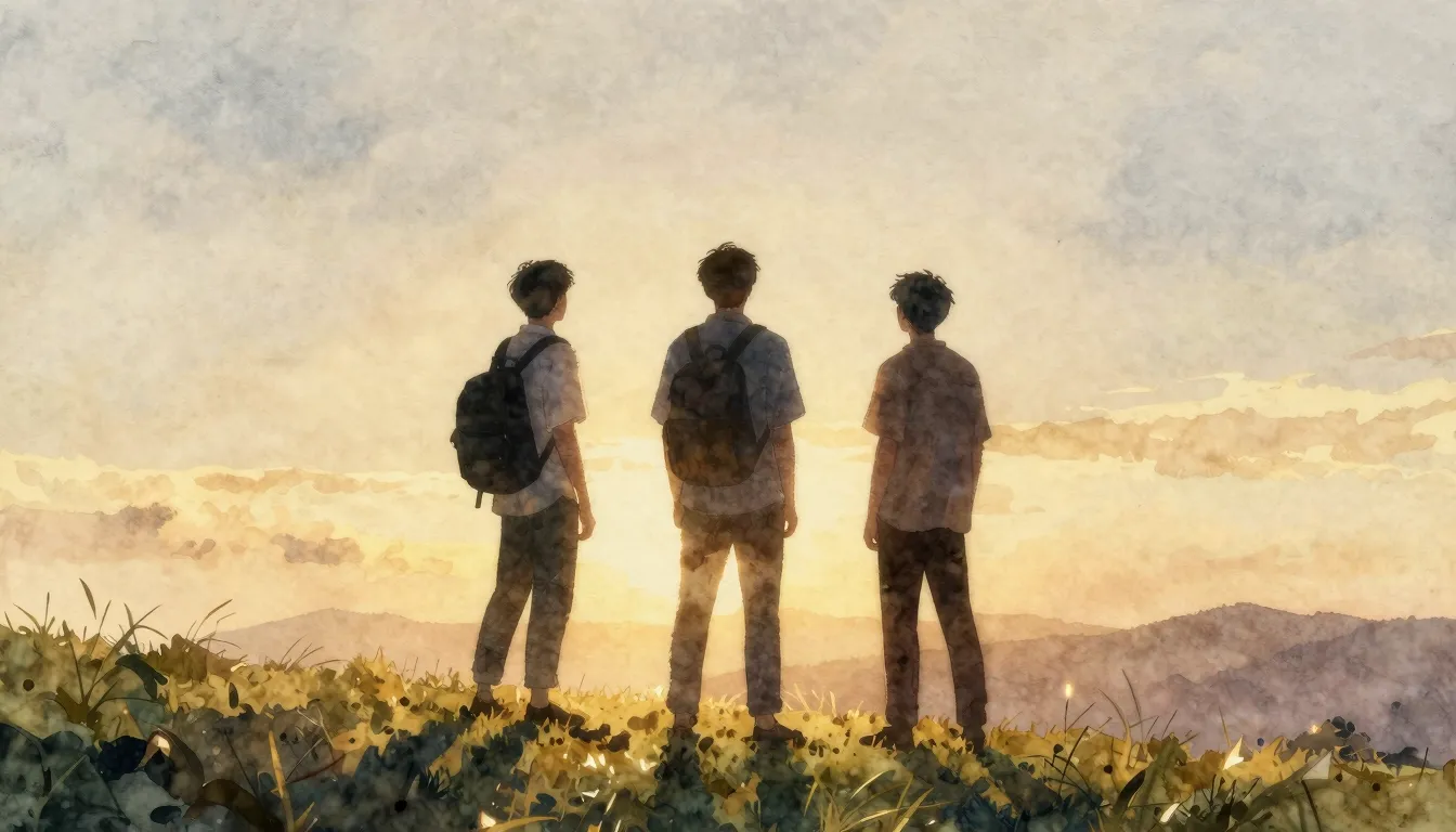 Watercolor style. Silhouettes of three young men standing on...