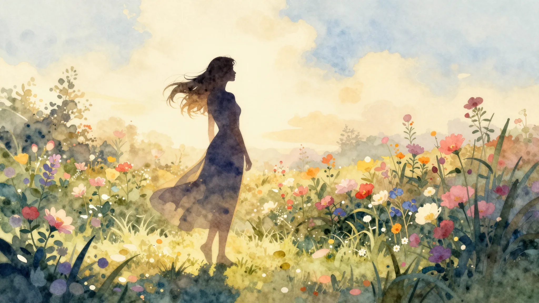 Watercolor style. A silhouette of a graceful woman standing ...