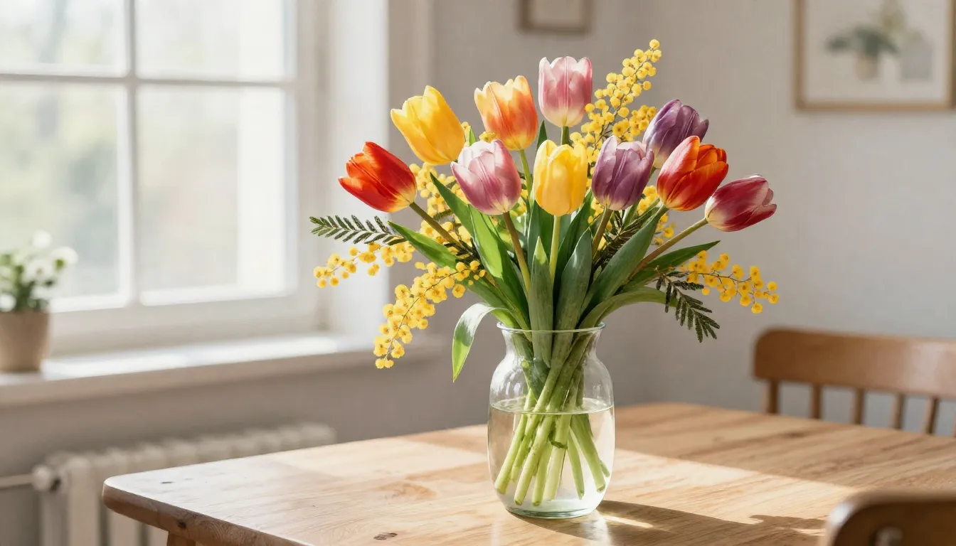 Watercolor style. A vibrant spring bouquet of tulips and mim...