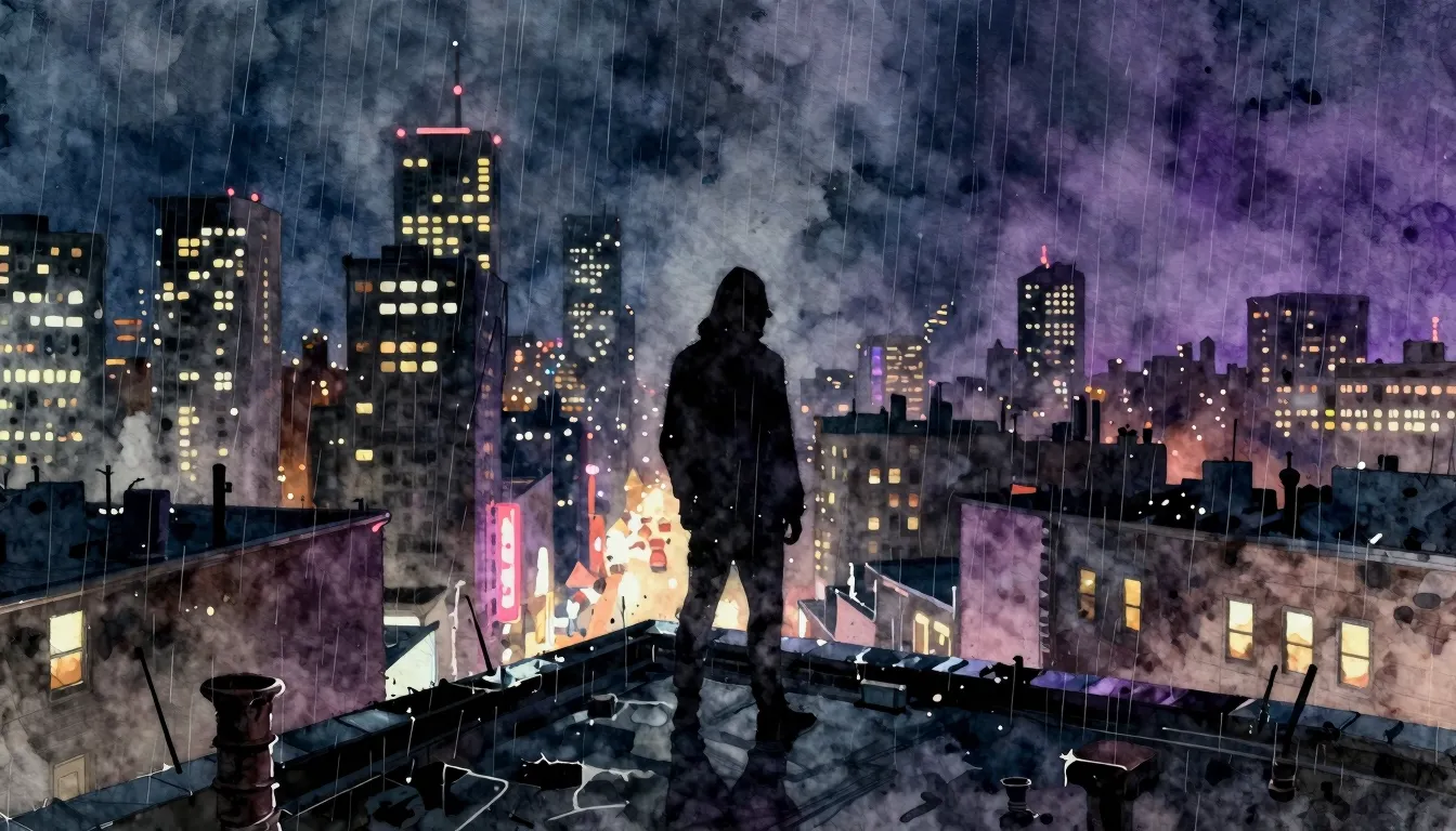 Vibrant watercolor style. A dark, gritty hip-hop album cover...