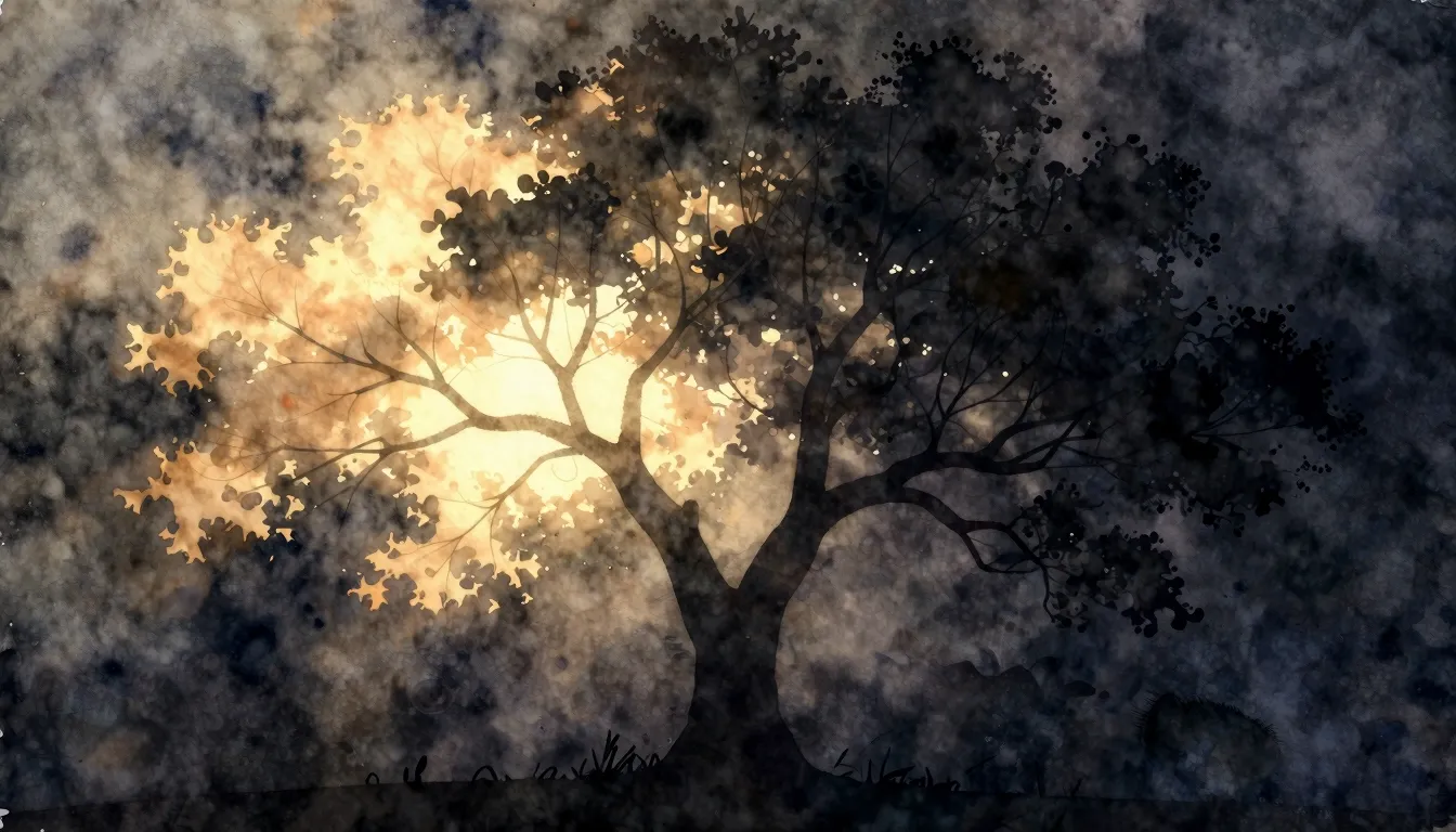 Watercolor style. Silhouette of a tree with two branches, on...