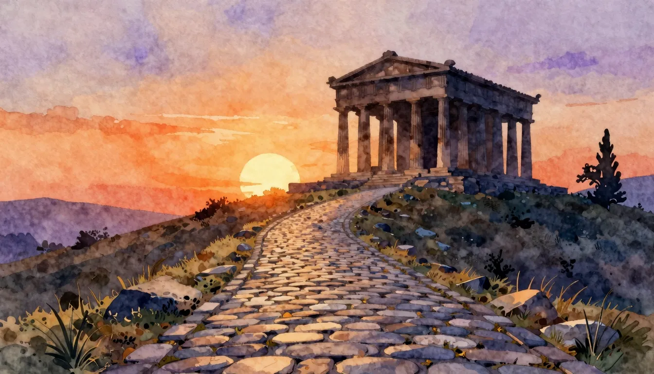 Watercolor style. A winding cobblestone path leading up a hi...