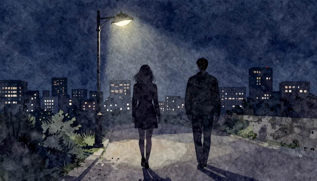 Watercolor style. A silhouette of a woman walking away from ...