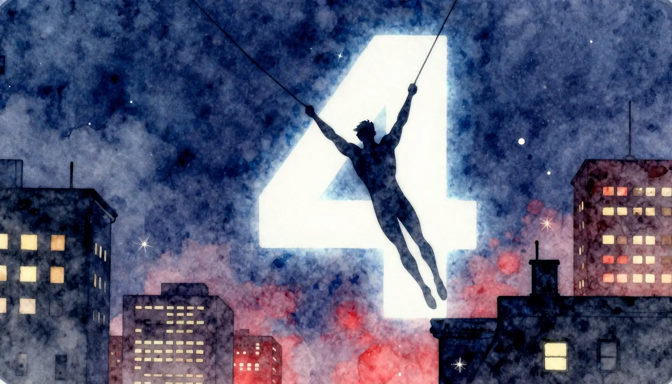 Watercolor style. Silhouette of a superhero swinging through...