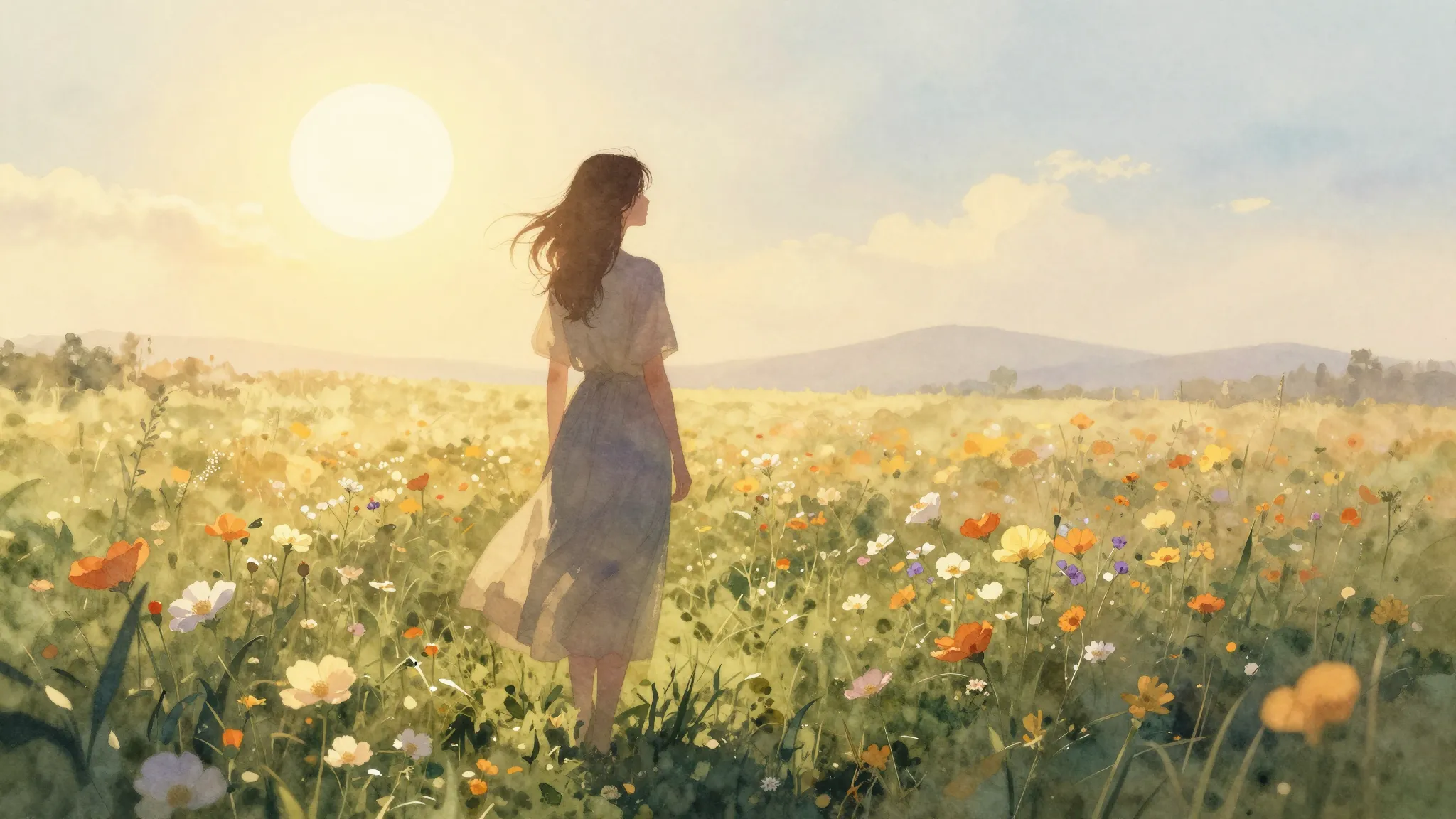 Watercolor style. A silhouette of a woman standing in a fiel...