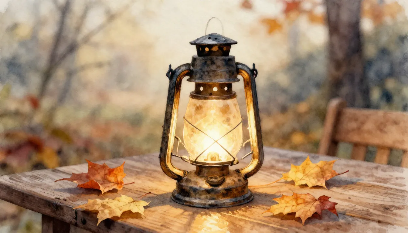 Watercolor style. A warm glowing lantern on a rustic wooden ...