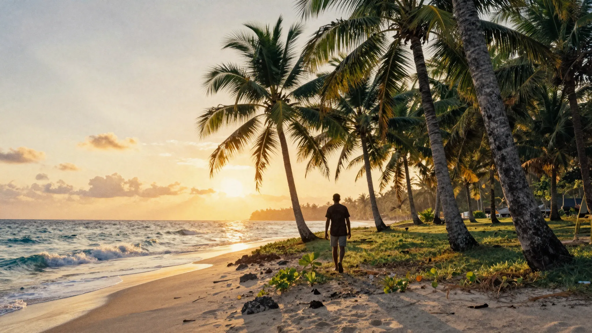 Watercolor style. Silhouette of a person walking through a d...