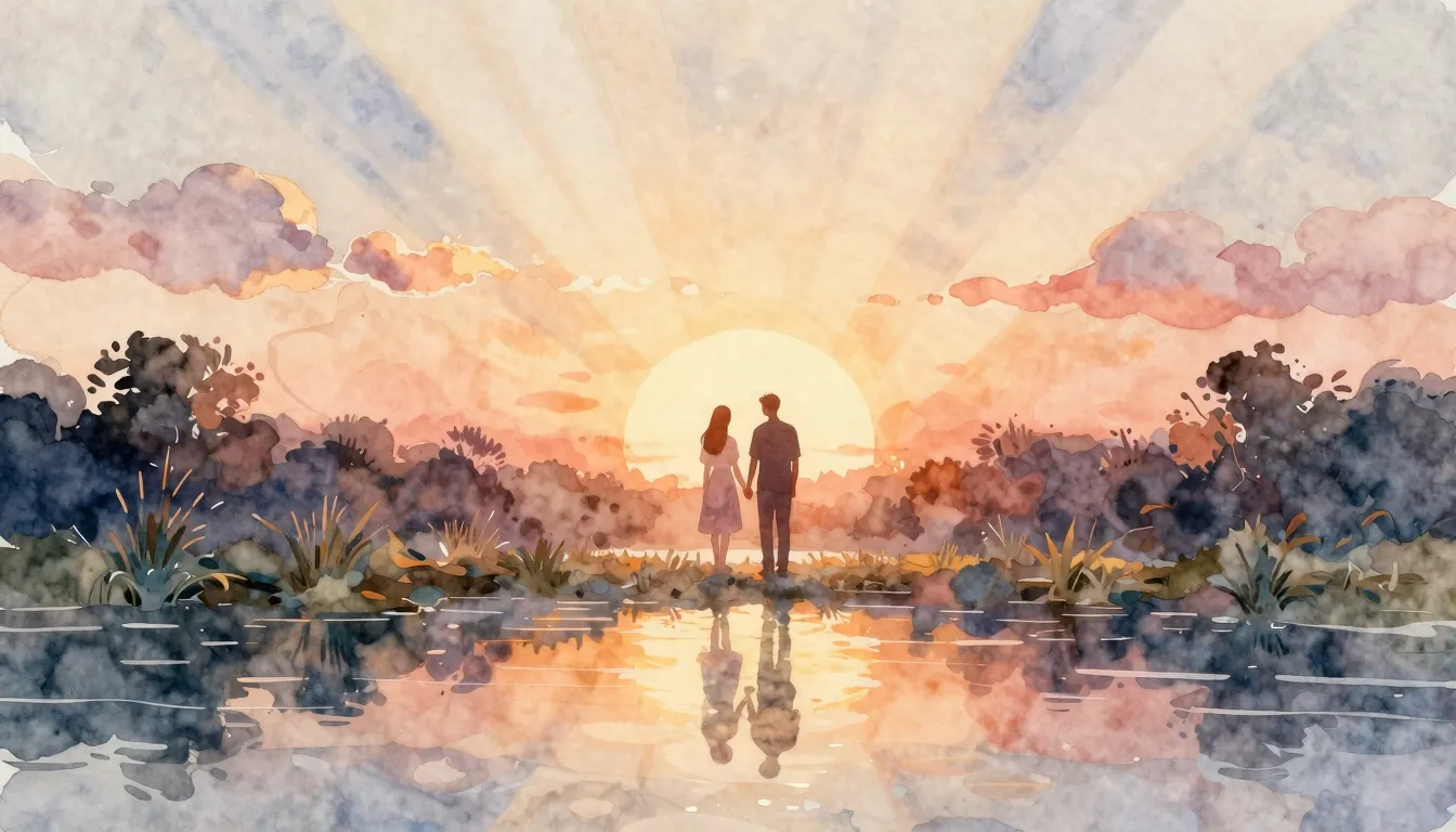 Watercolor style. A silhouette of a couple against a sunrise...