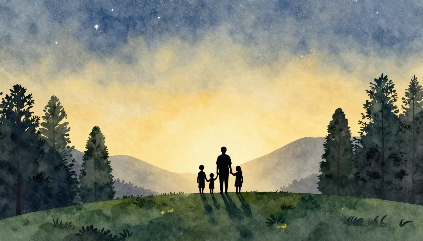 Watercolor style. A stylized silhouette of a small family st...