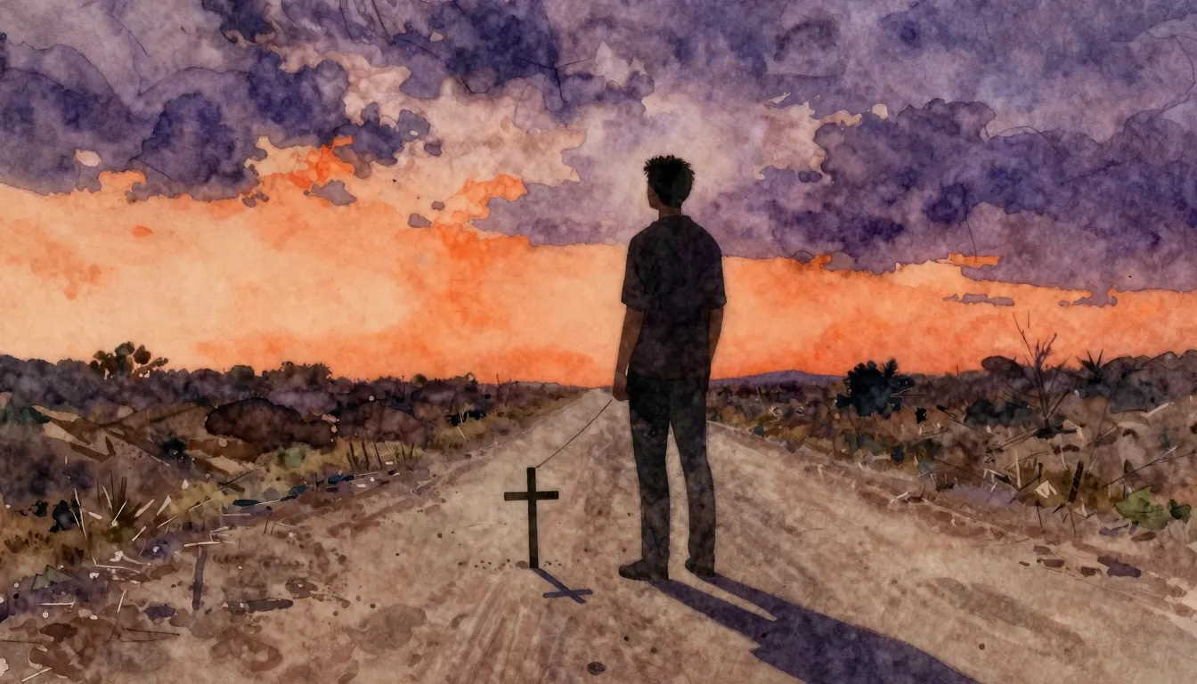 Watercolor style. A lone silhouette of a man stands on a dus...