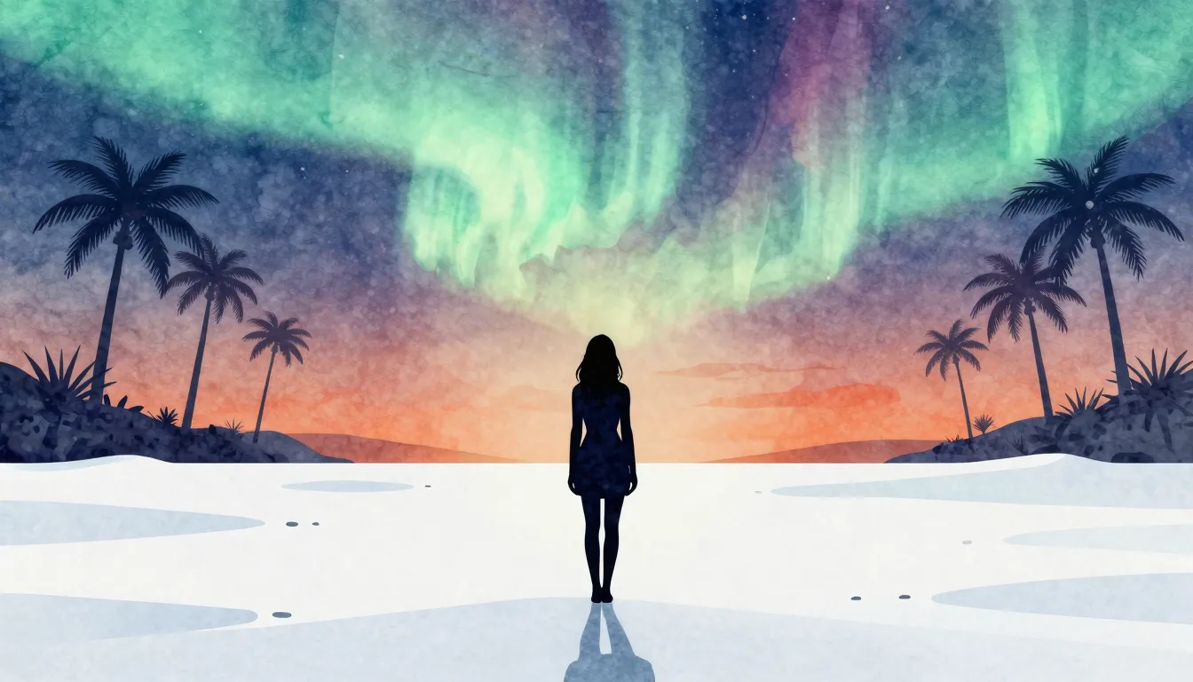 Watercolor style. Silhouette of a woman standing on a snowy ...