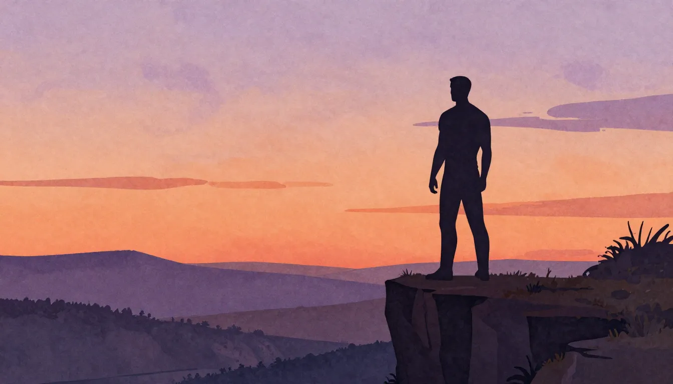 Watercolor style. A dark silhouette of a strong man standing...