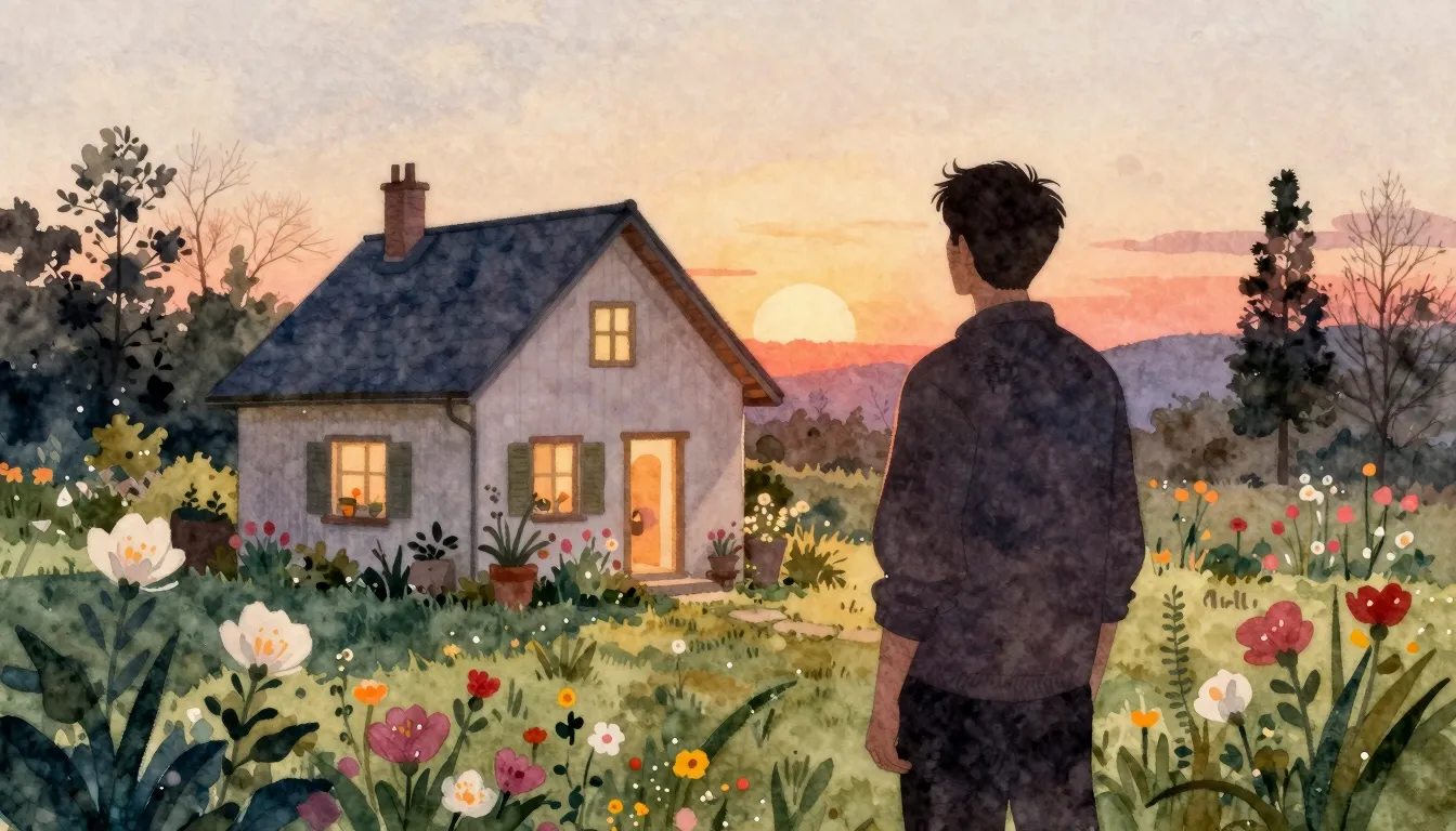 Watercolor style. A silhouette of a man standing in a bloomi...