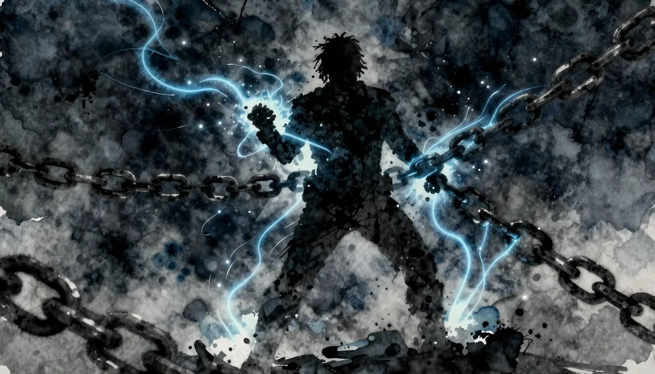 Watercolor style. A dark silhouette of a figure breaking hea...