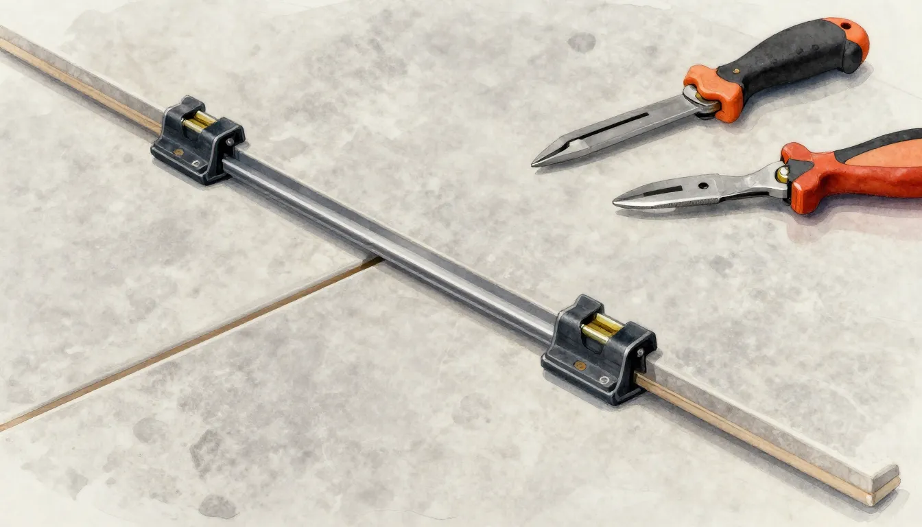 Watercolor style. Close-up of professional tile leveling sys...