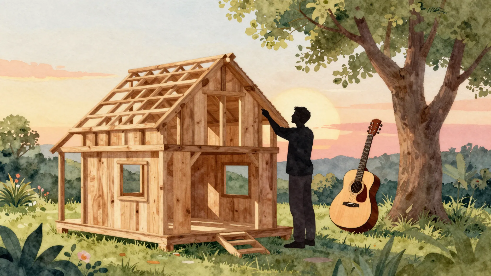 Watercolor style. Silhouette of a man building a wooden hous...