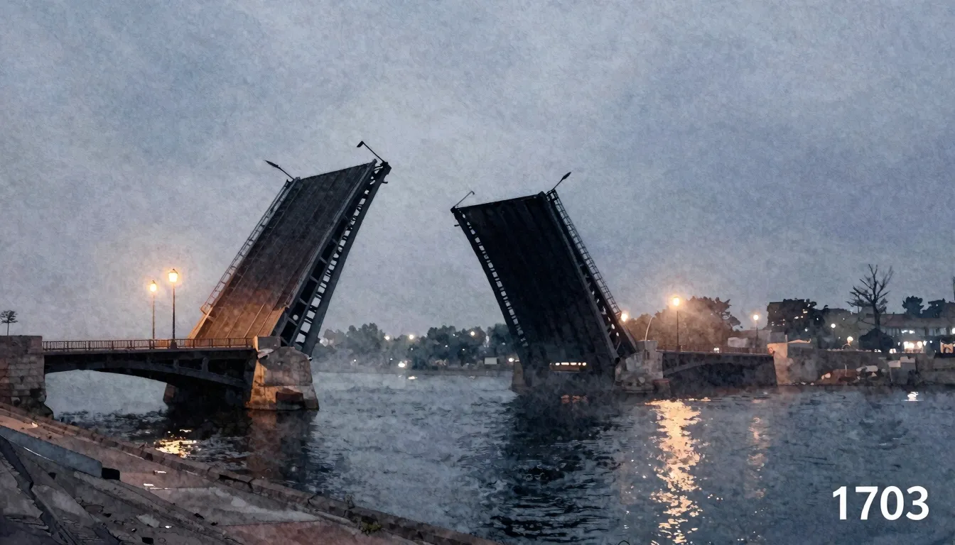 Watercolor style. Silhouette of a large drawbridge raised ov...