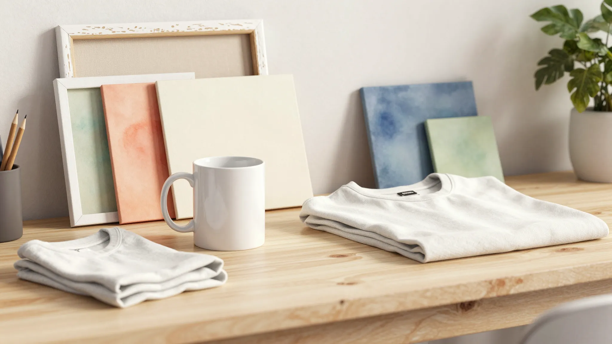 Watercolor style. A cozy creative studio desk with a blank w...