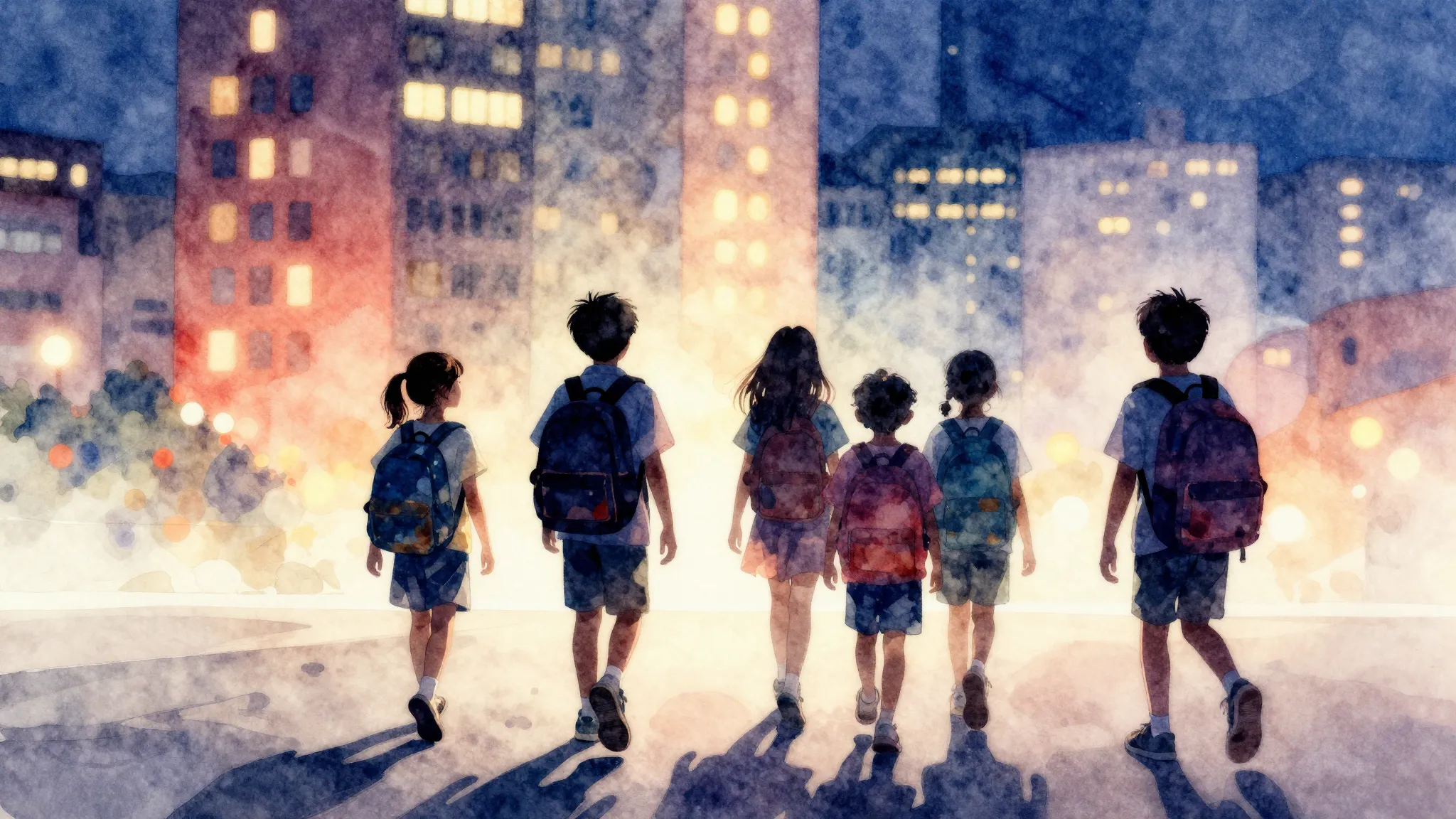 Watercolor style. Silhouettes of children with backpacks wal...