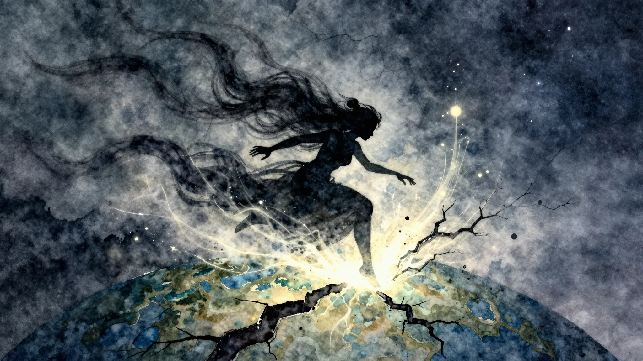 Watercolor style. Dark silhouette of a swirling wind spirit ...