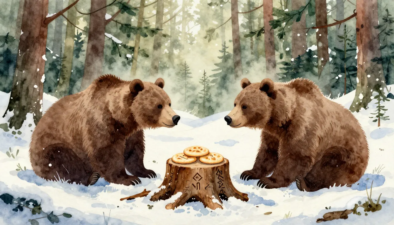 Watercolor style. A dense snowy forest clearing, a large bro...