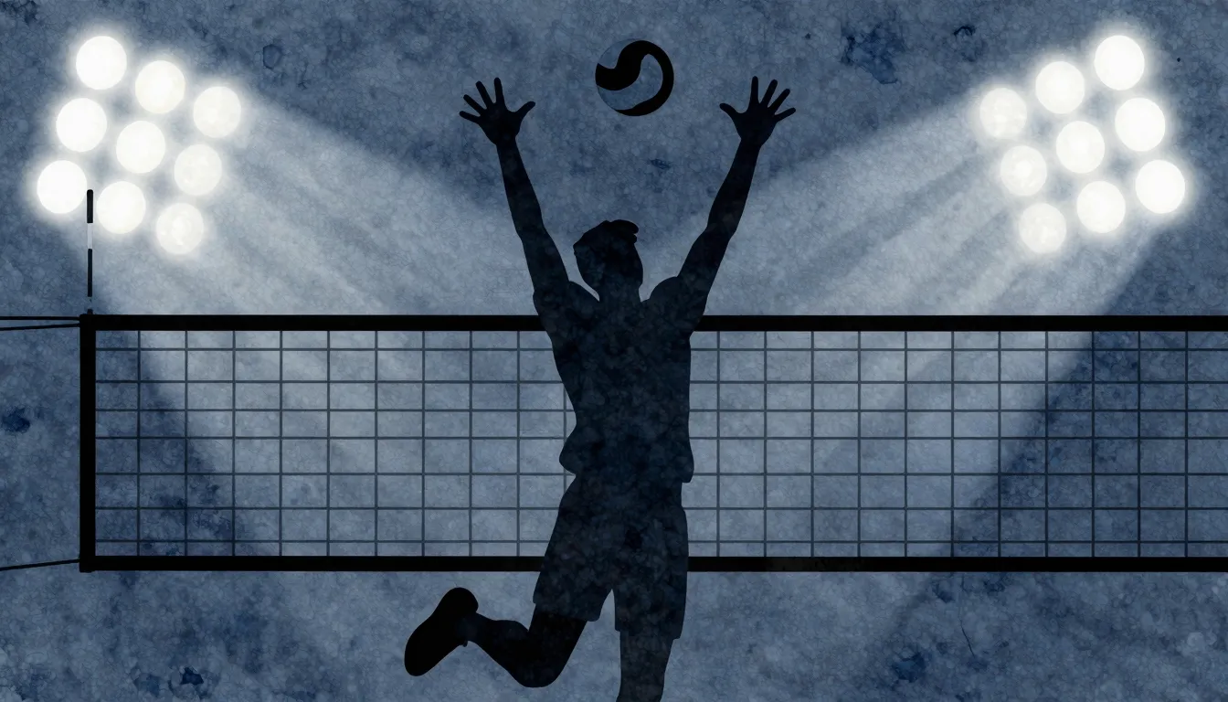 Watercolor style. A dark silhouette of a volleyball player j...