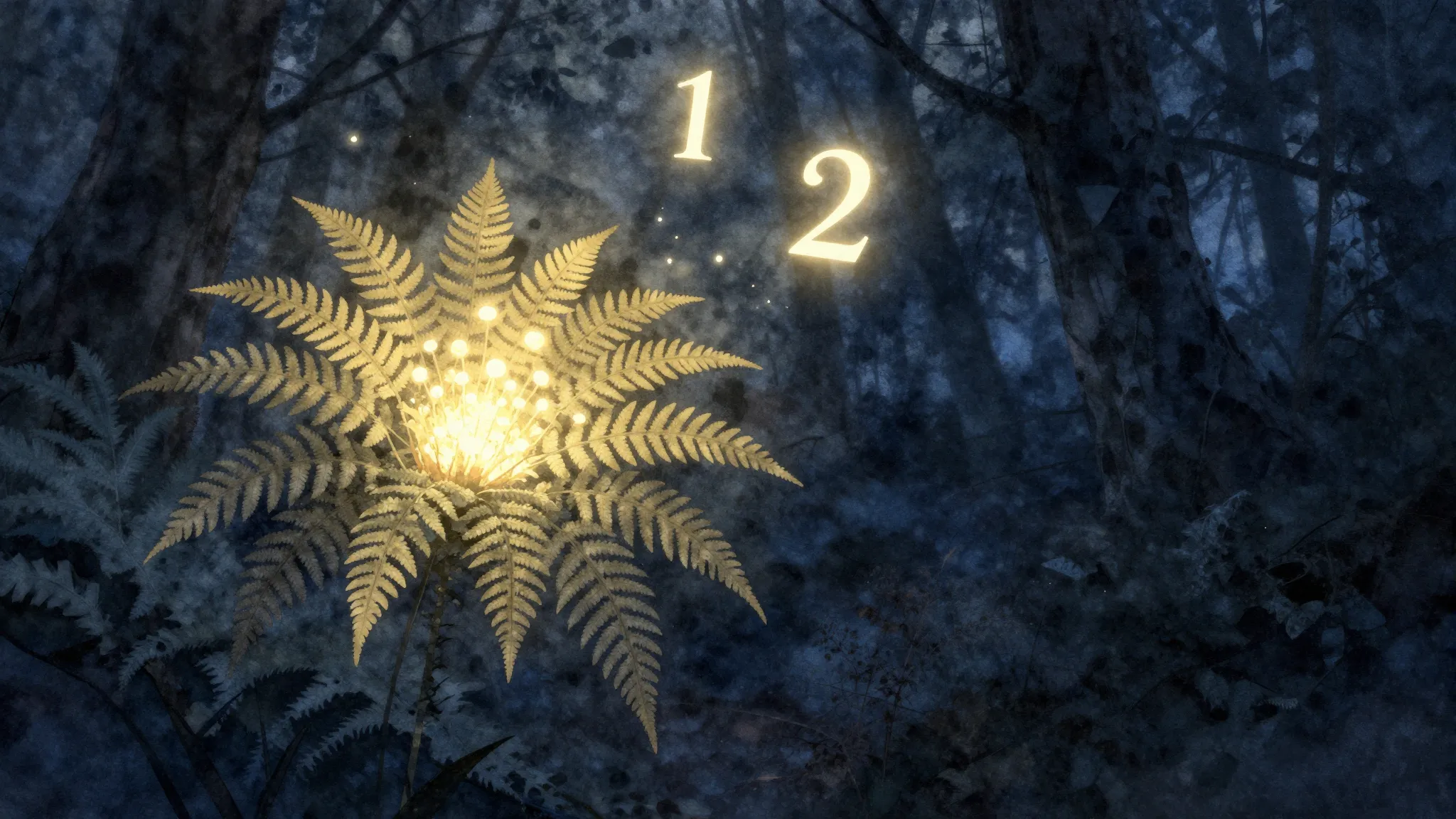 Watercolor style. Silhouette of a glowing fern flower in a d...