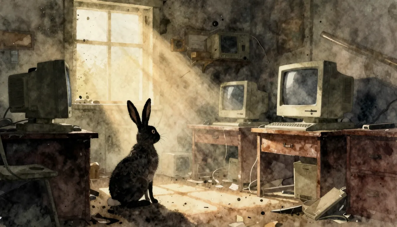 Watercolor style. A lonely silhouette of a hare looking at a...
