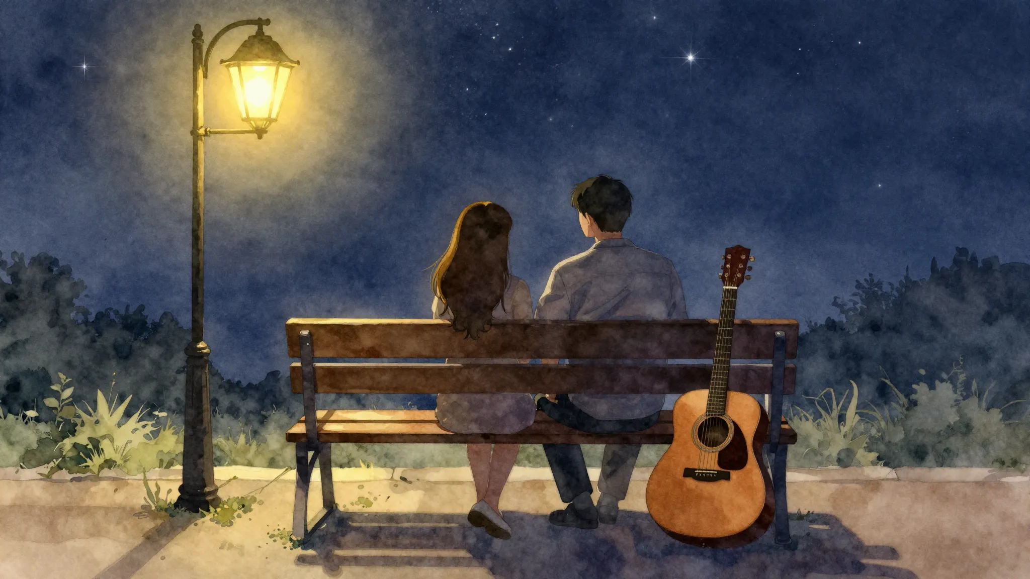 Watercolor style. A romantic silhouette of a couple sitting ...