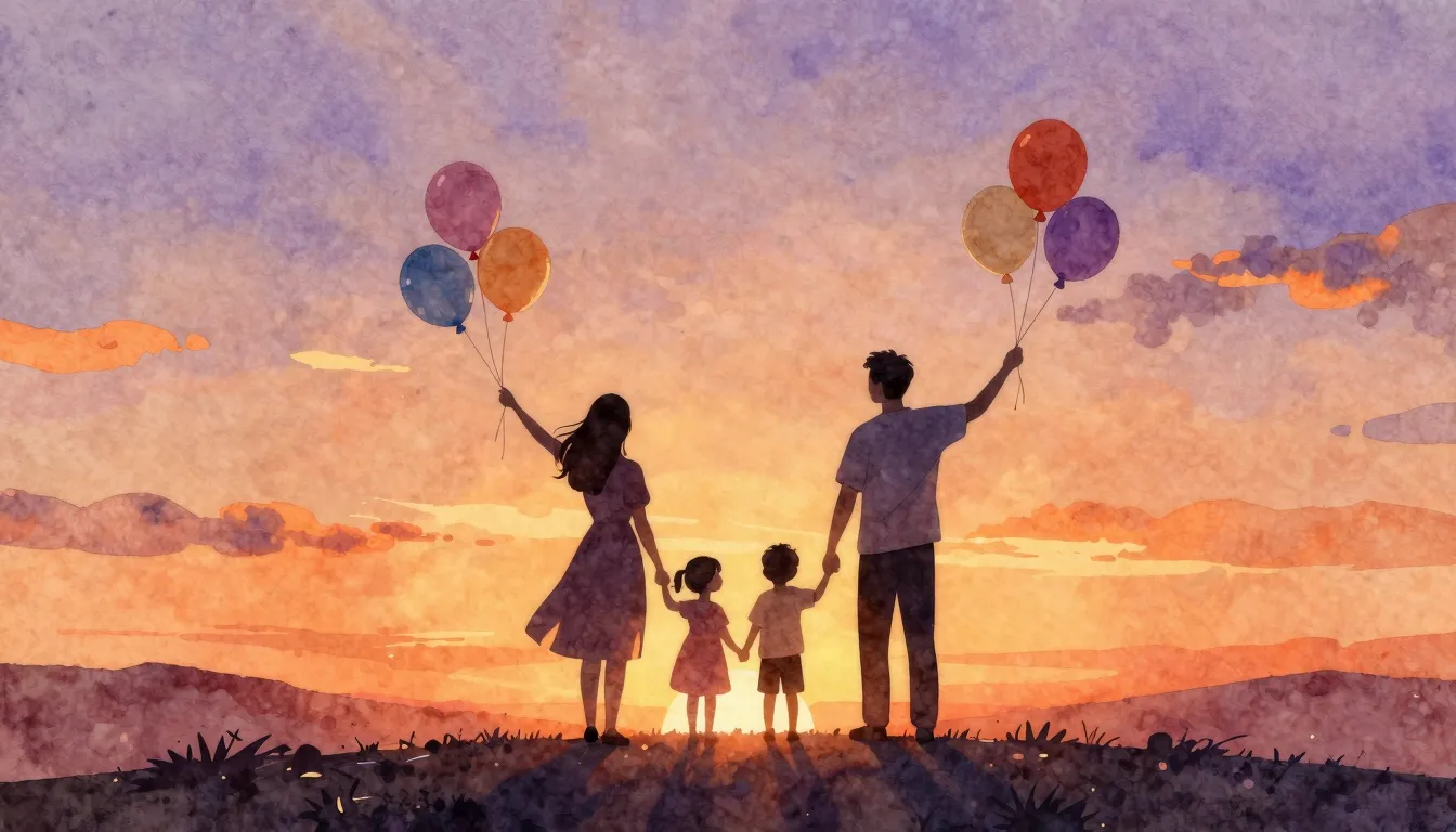 Watercolor style. A silhouette of a happy family of three st...