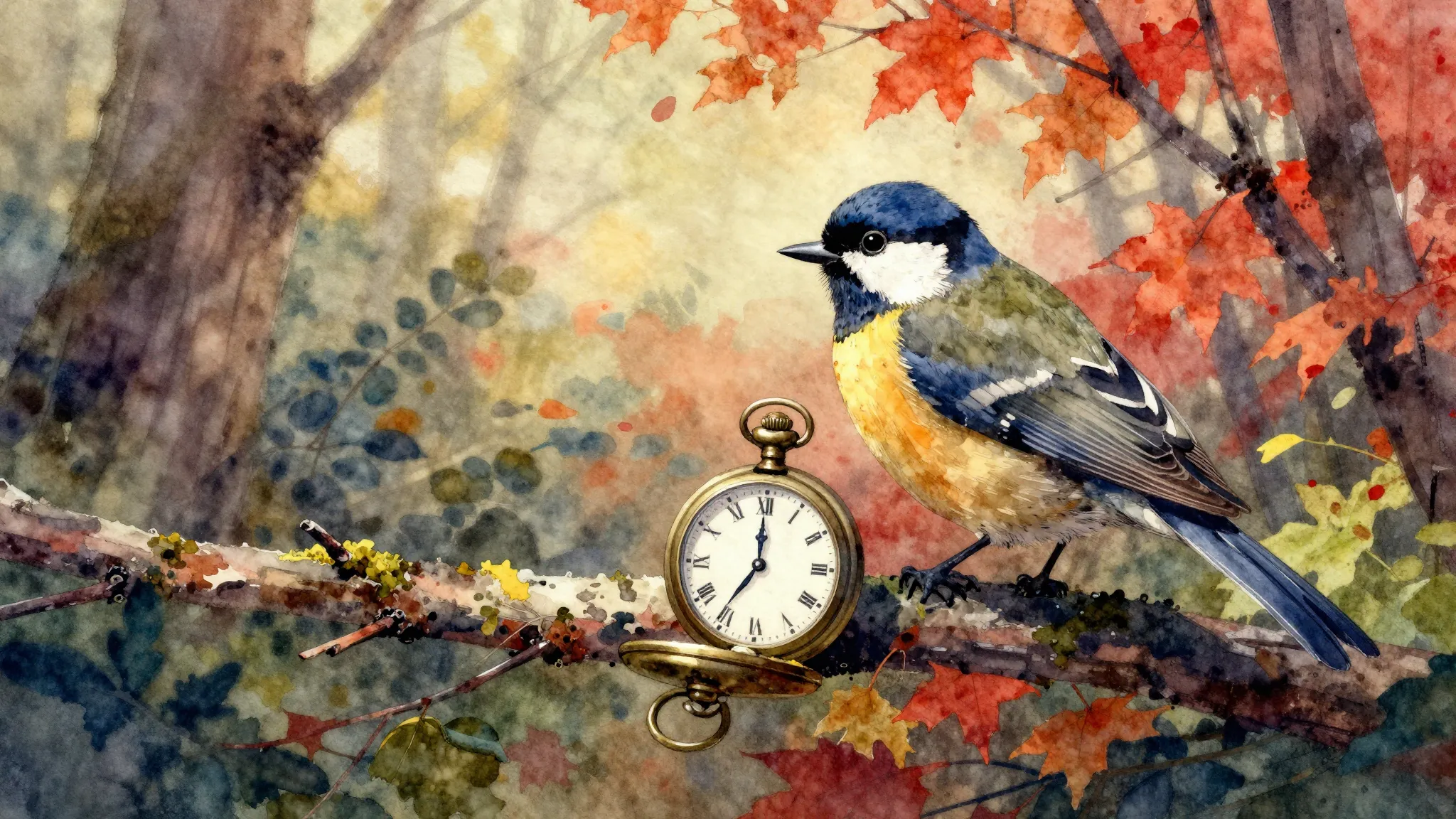 Vibrant watercolor style. Shanson album cover: a cuckoo bird...