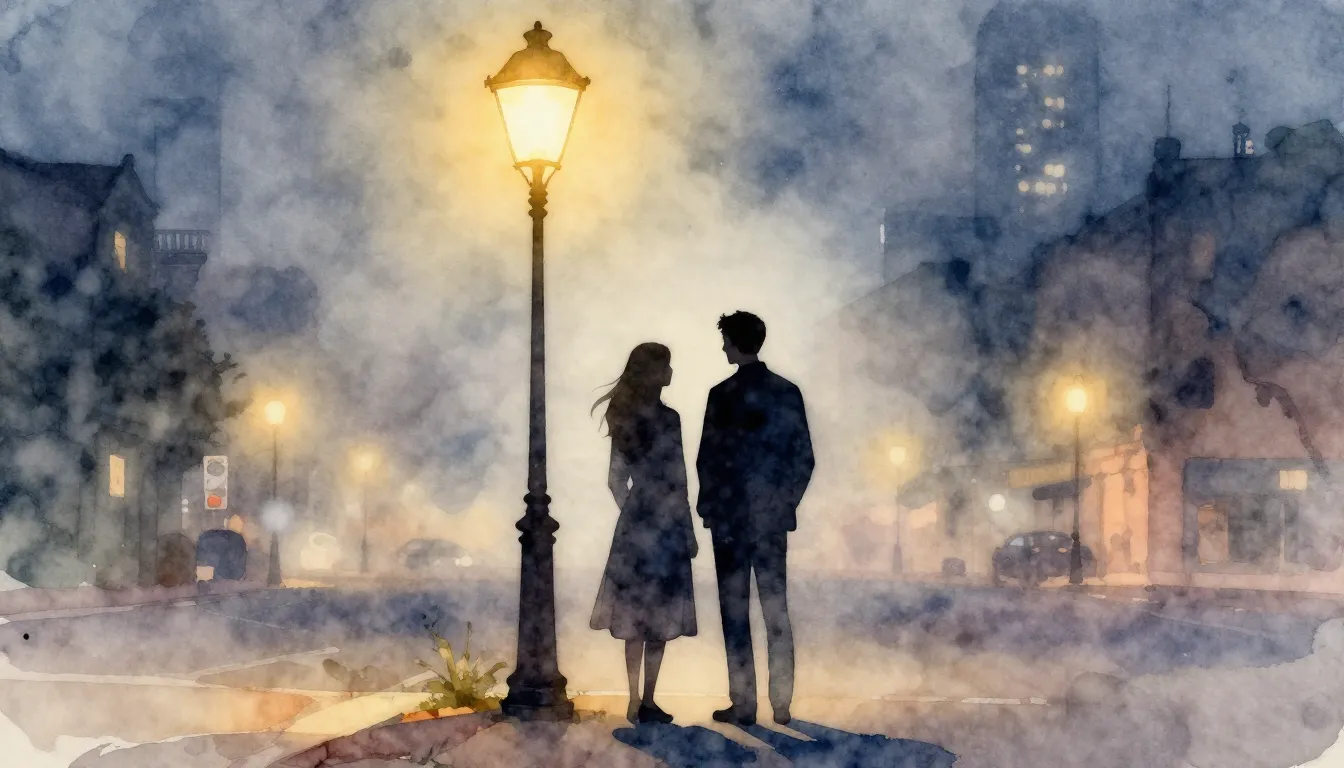 Watercolor style. Two silhouettes standing close under a str...