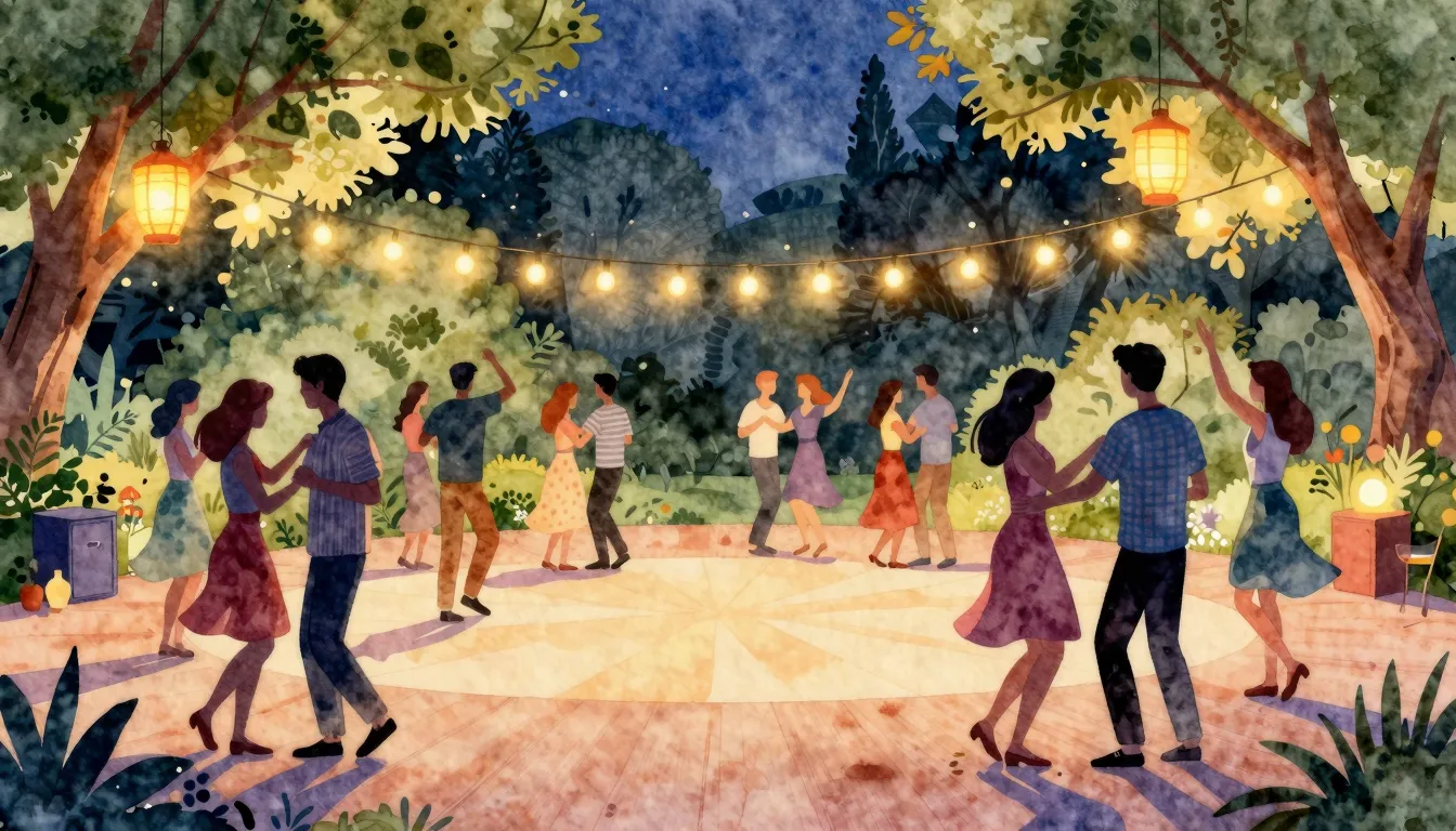 Watercolor style. A vibrant summer evening in a park, silhou...