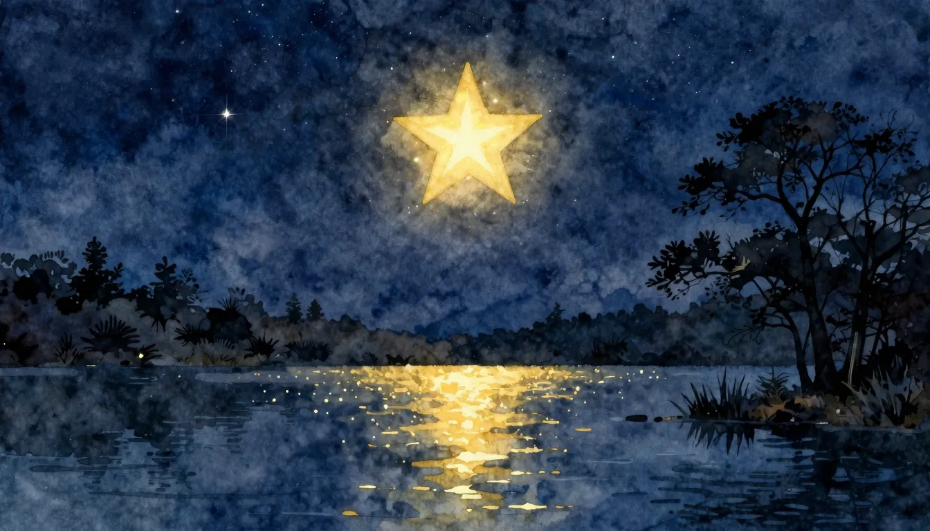 Watercolor style. A glowing star in the night sky above a ca...