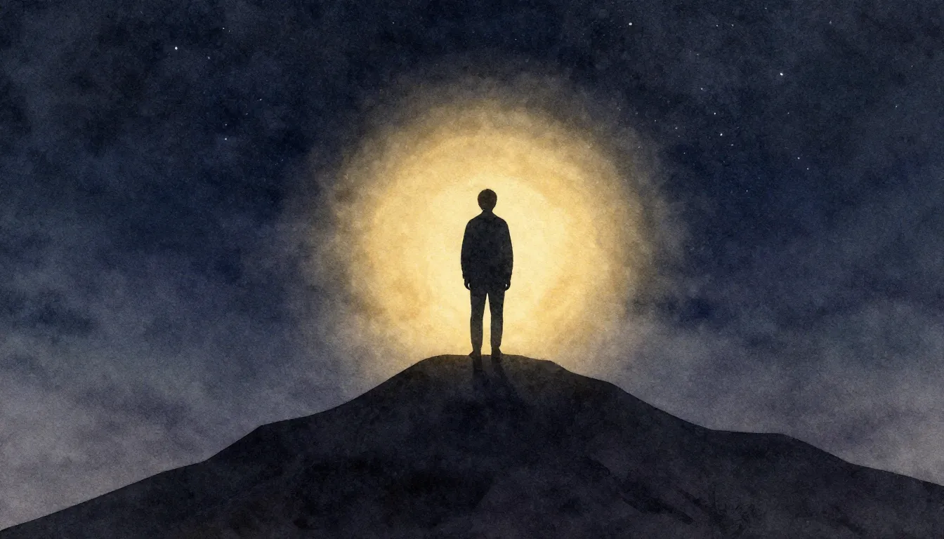 Watercolor style. A dark silhouette of a person standing on ...